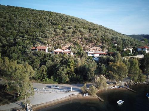 an aerial view of a small town on a hill at Dimitra Apartments in Milína