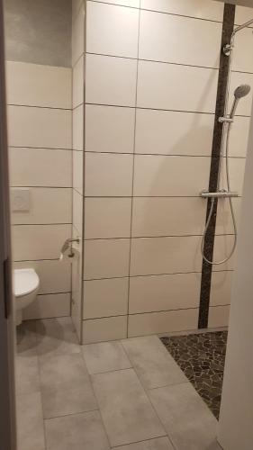 bagno con doccia e servizi igienici. di Ruhezone a Bremke