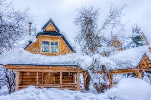 Cabaña de madera con nieve en el techo en Domek Góralski W Ogrodzie, en Małe Ciche