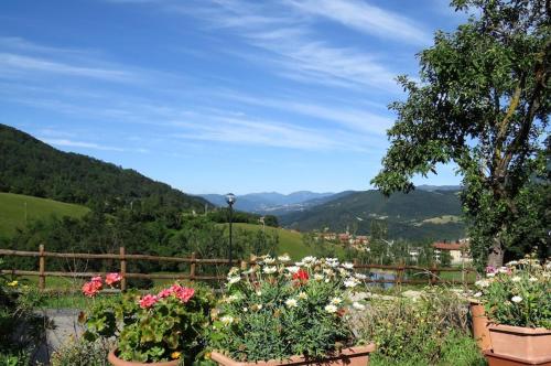 a bunch of flowers in pots on a fence at Appartamenti Cenni - Relais su Lago in Varsi