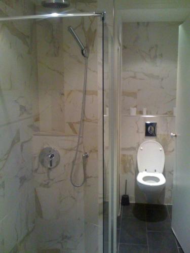 La salle de bains est pourvue de toilettes et d'une cabine de douche en verre. dans l'établissement LOUVRE VENDOME with air conditionning, à Paris