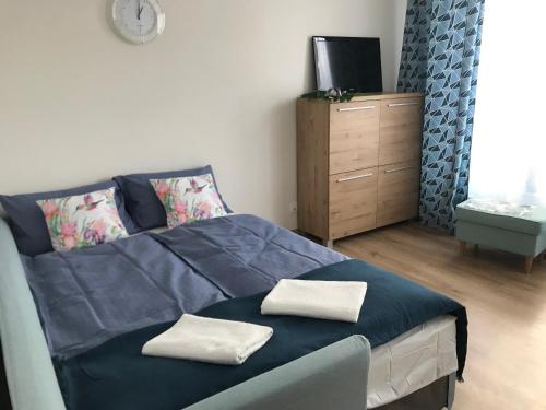 ein Schlafzimmer mit einem blauen Bett mit zwei Kissen darauf in der Unterkunft Przytulne mieszkanie in Krakau