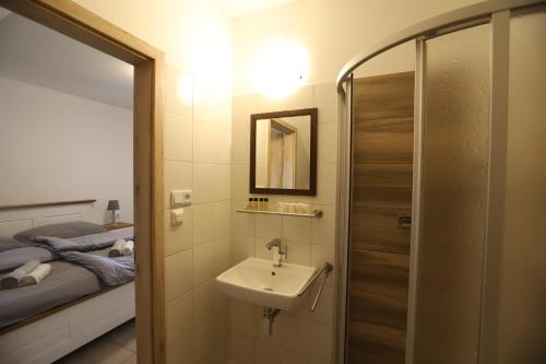 a bathroom with a sink and a bed and a mirror at Penzion BLATNICE in Blatnice