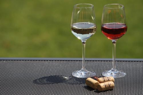 zwei Gläser Wein und ein Korken auf dem Tisch. in der Unterkunft Penzion BLATNICE in Blatnice