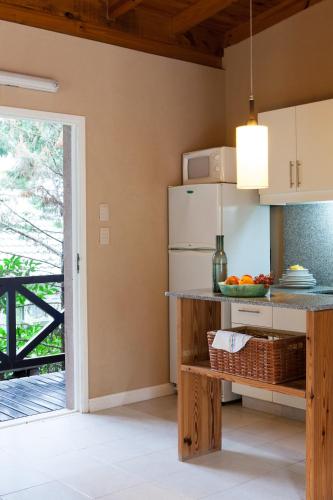 a kitchen with a counter and a refrigerator at Plenilunio Mar de las Pampas in Mar de las Pampas