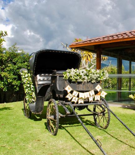 an old black carriage with flowers in a yard at Hacienda Hosteria Chorlavi in Ibarra