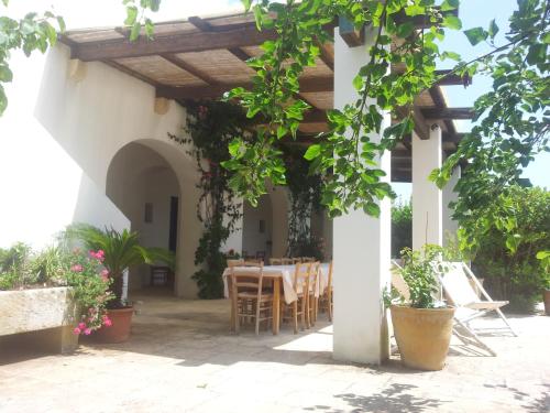 a patio with a table and chairs under a pergola at Agriturismo Vignavecchia in Vignacastrisi