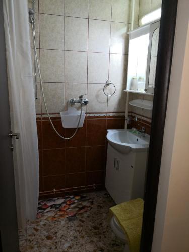 a bathroom with a sink and a toilet and a mirror at CENTRAL STUDIO HUNEDOARA in Hunedoara