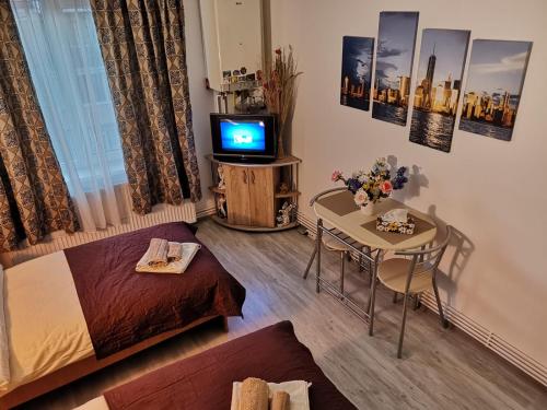 a small living room with a small table and a television at CENTRAL STUDIO HUNEDOARA in Hunedoara