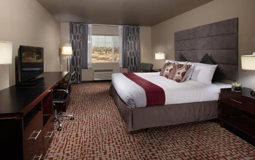 普爾曼的住宿－Coast Hilltop Inn，酒店客房配有一张床、一张书桌和一台电视。