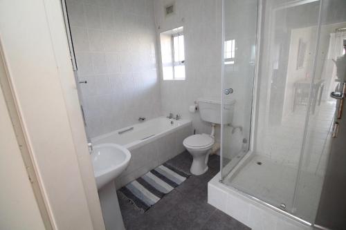 La salle de bains est pourvue de toilettes, d'un lavabo et d'une douche. dans l'établissement Dolphin view, à Margate