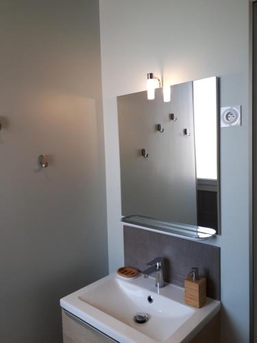 uma casa de banho com um lavatório e um espelho em Appartement d artiste em Hyères