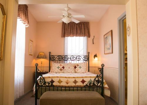 a bedroom with a bed with a ceiling fan and a window at Wildflower Bed and Breakfast in Mountain View