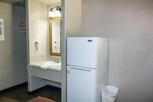 a white refrigerator in a bathroom with a sink at Zwolle Inn in Zwolle
