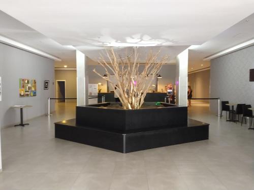 a lobby with a large black exhibit with a tree in it at Ap 513 Manacás in Itaipava