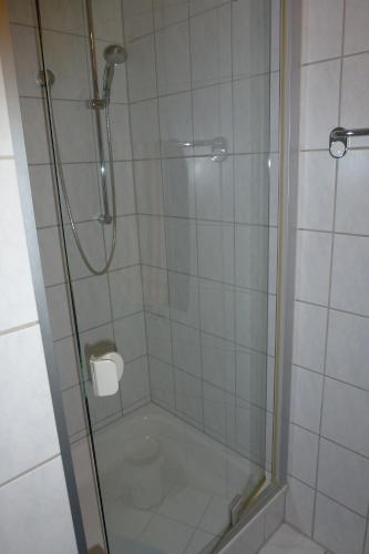a shower with a glass door with a toilet paper roll at Ferienwohnung Sauerlandblick in Korbach