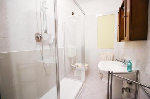 a bathroom with a shower and a toilet and a sink at Spighe Paglia e Girasole in Candia Canavese