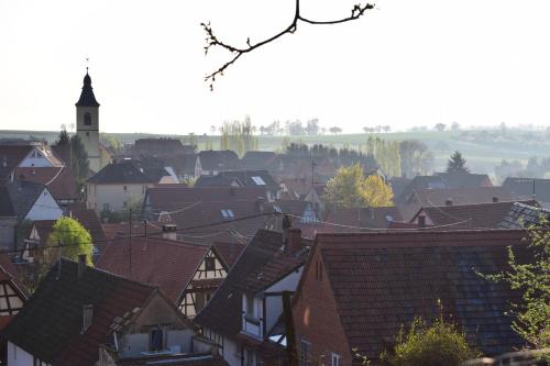 a view of a town with roofs and a church at Chambres d'hôtes "La Petite Vallée" in Rott