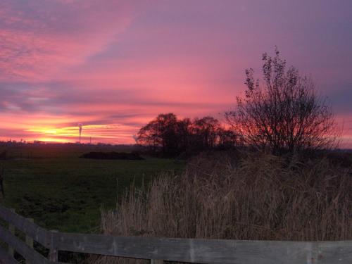 a sunset over a field with a wooden fence at Farm Overleekerhoeve in Monnickendam