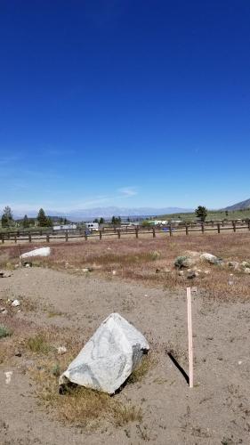 a rock sitting in the middle of a field at Sierra Meadows Ranch in Mammoth Lakes
