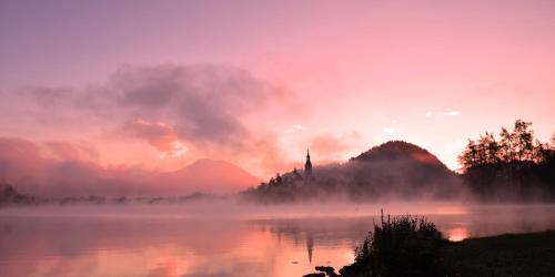 a misty lake with a church in the middle at Deluxe apartments Bled in Bled