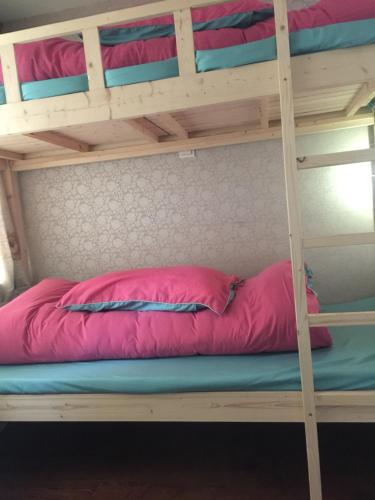 a bunk bed with pink and blue pillows on it at He&Her Youth Hostel in Hangzhou