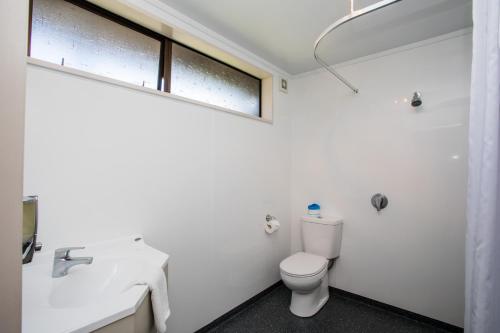 a bathroom with a toilet and a sink and a window at Te Anau Top 10 Holiday Park and Motels in Te Anau