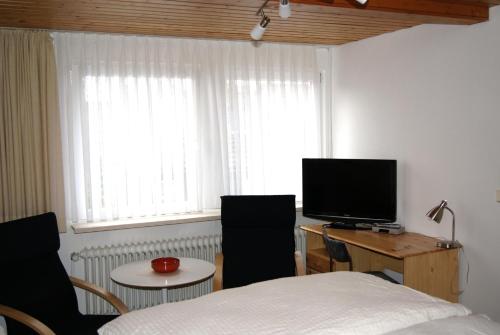 a bedroom with a bed and a desk with a television at Hotel Braunlage in Braunlage