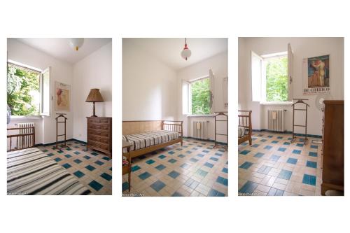 three pictures of a room with a bed and windows at Villa il Forte in Forte dei Marmi