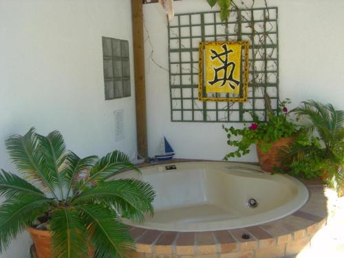 eine Badewanne in einem Zimmer mit zwei Topfpflanzen in der Unterkunft Pelican Place Guest Cottages in Durbanville