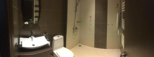 a bathroom with a toilet and a sink and a shower at Face Hotel in Sofia