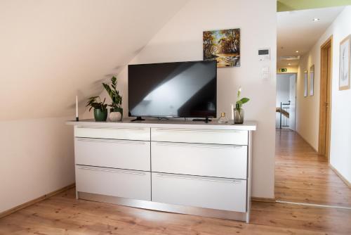 a living room with a tv on a white dresser at Hetényi Apartmanház és Birtok in Mecseknádasd