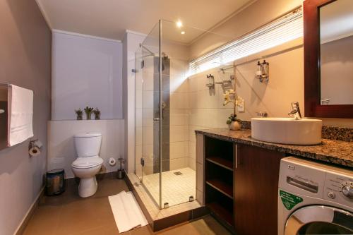 a bathroom with a toilet and a sink and a shower at Absolute Farenden Apartments in Pretoria