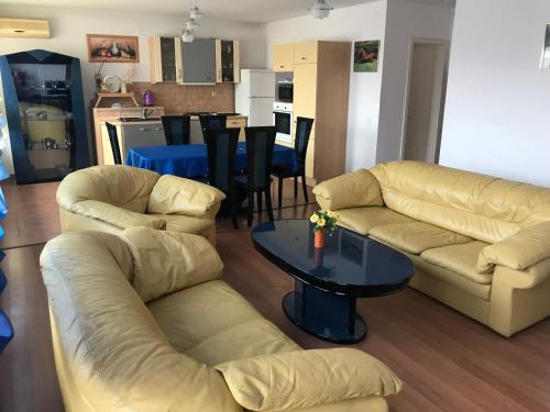 uma sala de estar com dois sofás e uma mesa em Lotusz Apartments in Nyiregyhaza em Nyíregyháza