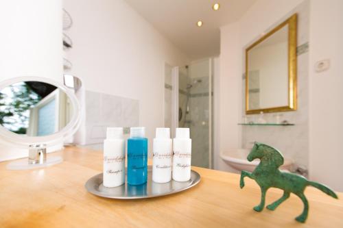 a bathroom with a dinosaur figurine on a counter with towels at Davidshof, Bed & Breakfast in Schneverdingen
