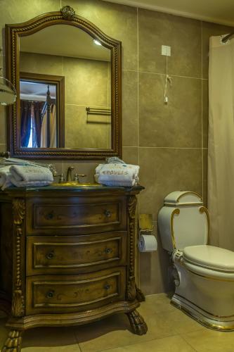 a bathroom with a sink and a toilet and a mirror at ''EPAVLIS boutique GALAXIDI'' in Galaxidhion