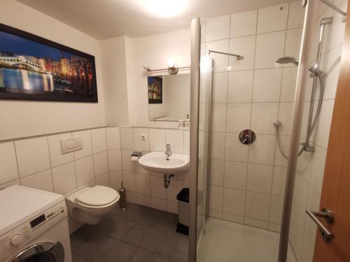 a bathroom with a toilet and a sink and a shower at modernes Appartement Schwarzwald Nähe Freiburg in Winden im Elztal