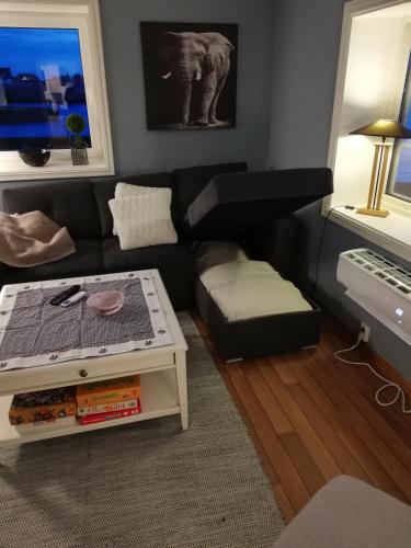 a living room with a couch and a table at Seaview apartment Karmøy in Sæveland