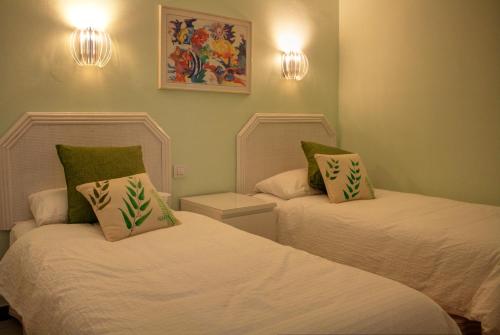 マスパロマスにあるBungalows Los Melocotonesの緑の壁と照明が備わる客室内のベッド2台