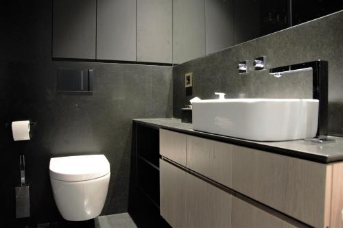 a bathroom with a white sink and a toilet at Andermatt Alpine Apartments in Andermatt