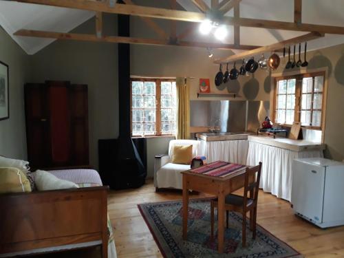 Cornelia's Field في Joubertina: غرفة معيشة مع طاولة ومطبخ