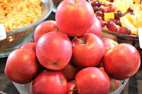 a pile of apples and other fruits in bowls at Hotel Excelsior Dortmund Hauptbahnhof in Dortmund