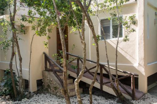 a set of stairs leading up to a building with trees at Bungalow Bé La Kin in Cozumel