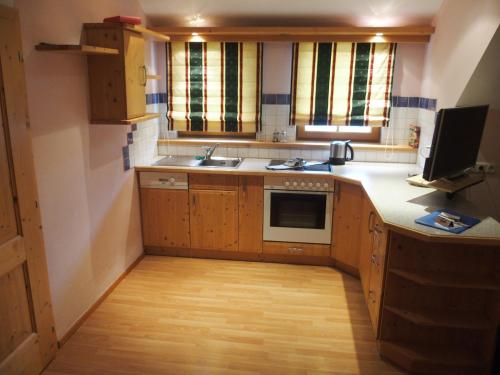 a small kitchen with wooden cabinets and a sink at Dorfergut in Weisspriach