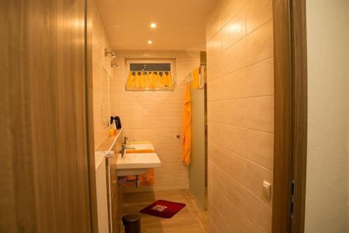 ein kleines Bad mit einem Waschbecken und einem Spiegel in der Unterkunft Ferienwohnung Frau Klara in Hofheim in Unterfranken