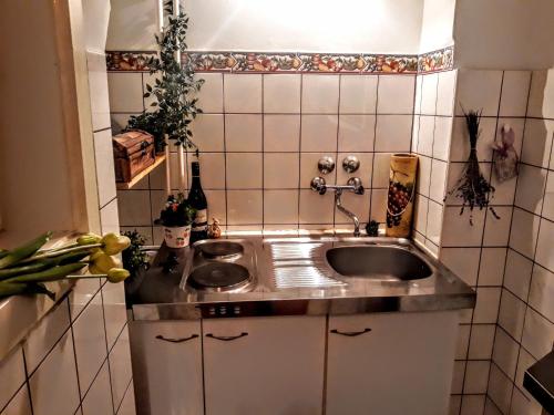 a kitchen with a sink and a tiled wall at Turul Apartment Budapest in Budapest