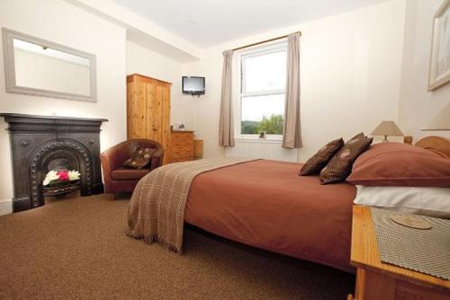 The Mount Guest House في لودلو: غرفة نوم بسرير كبير ومدفأة