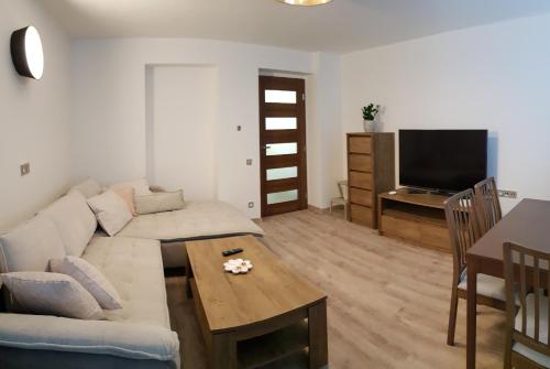 a living room with a couch and a table at Apartmán U Labe in Nymburk