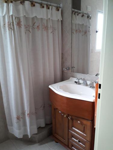 a bathroom with a sink and a shower curtain at Depto en La Vicente! in Olavarría