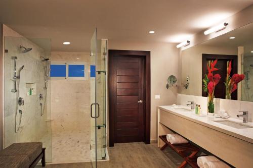 a bathroom with a shower and a sink and a mirror at Dreams Dominicus La Romana Resort & Spa in Bayahibe